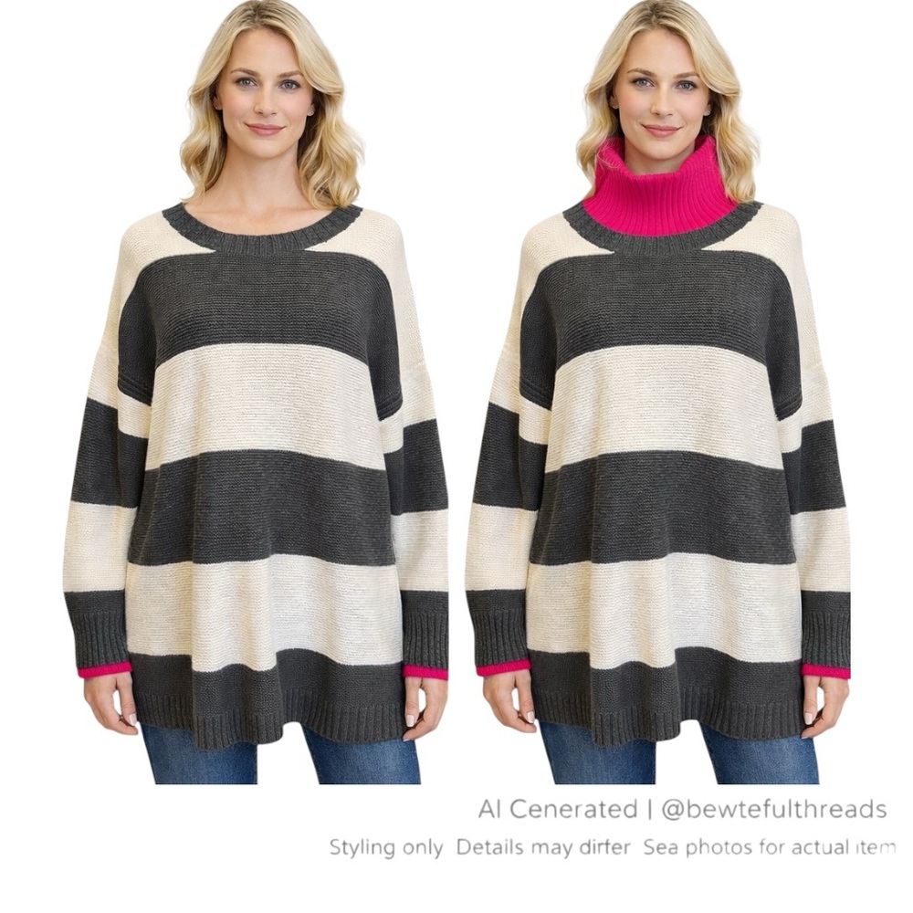 Marble XL Grey & Cream Striped Cotton Sweater Removable Pink Turtleneck